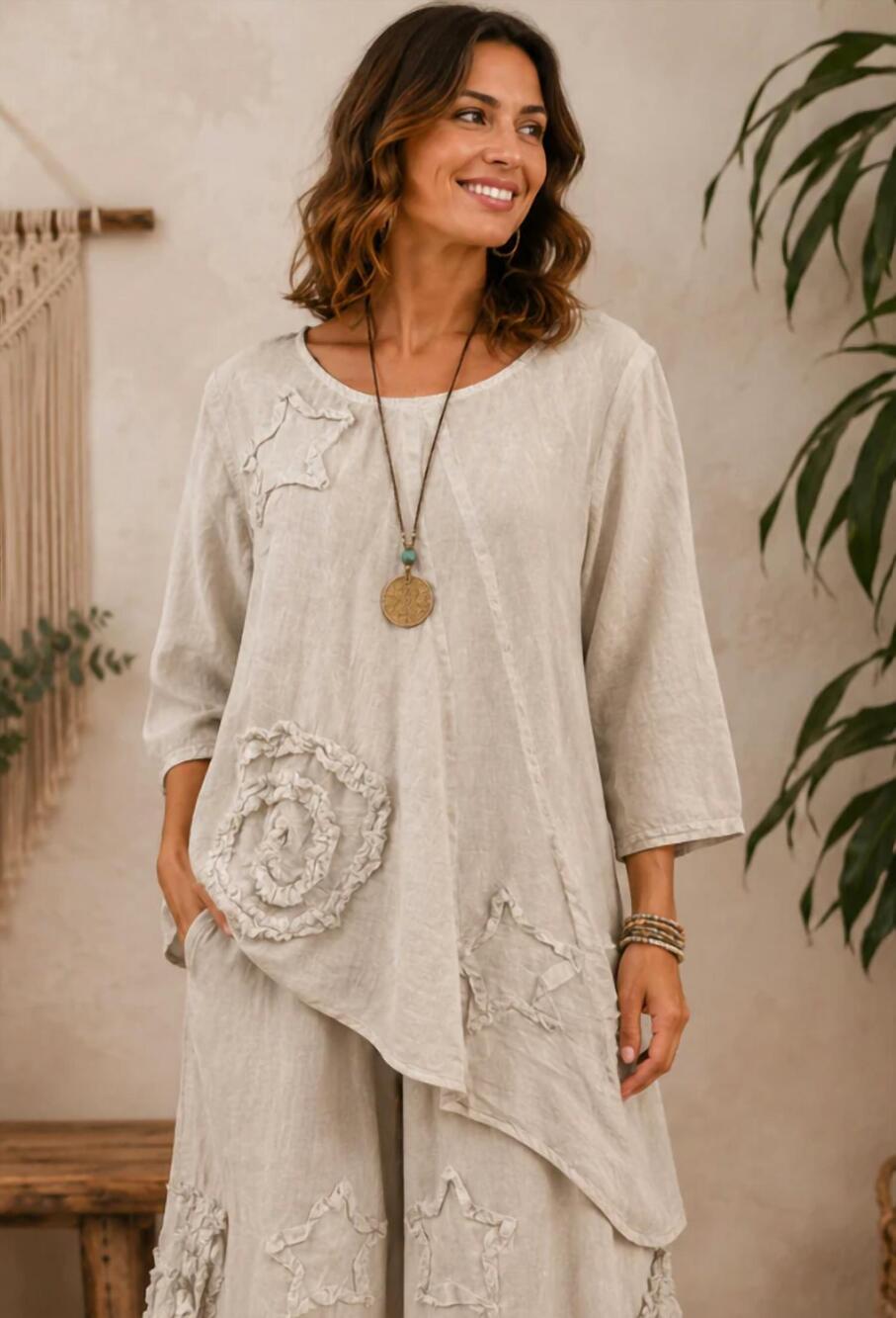 NEW PAPERLACE women's boho cotton star & swirl top in beige